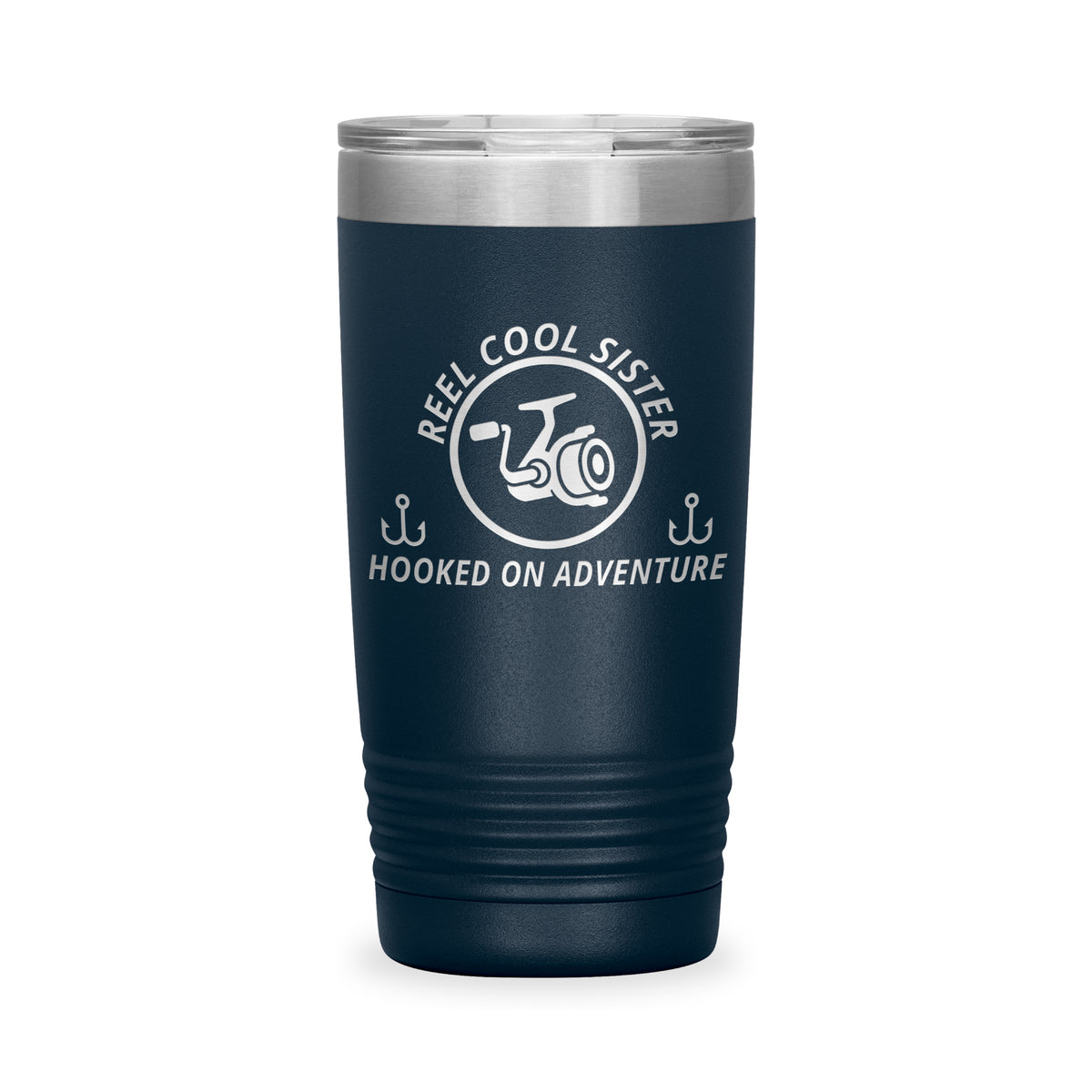 Reel Cool Sister - Polar Camel 20oz engraved tumbler, front view, Navy
