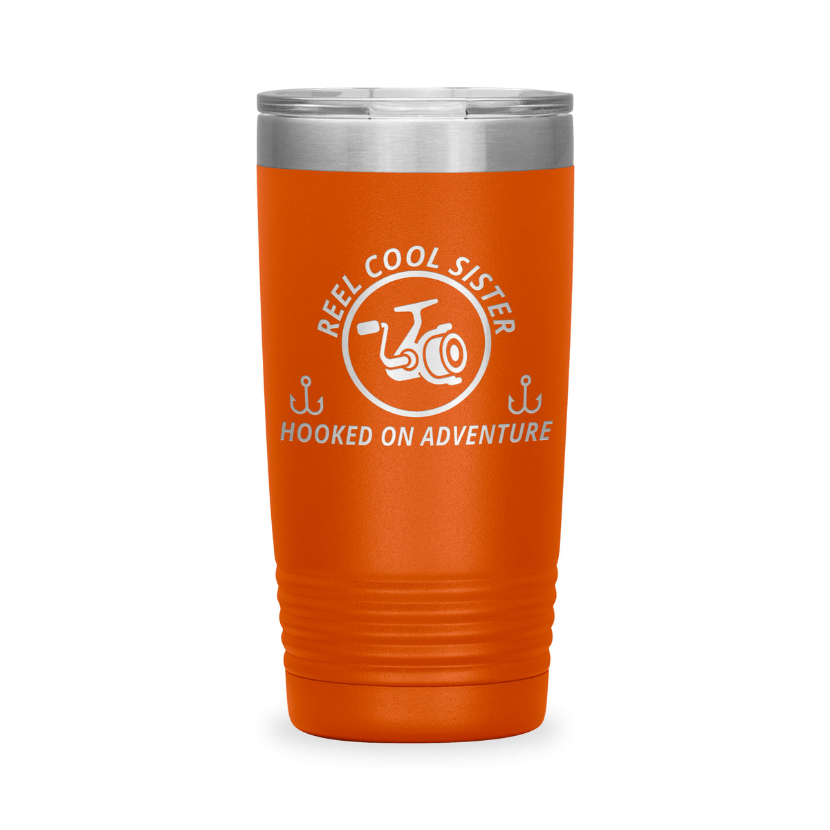 Reel Cool Sister - Polar Camel 20oz engraved tumbler, front view, Orange