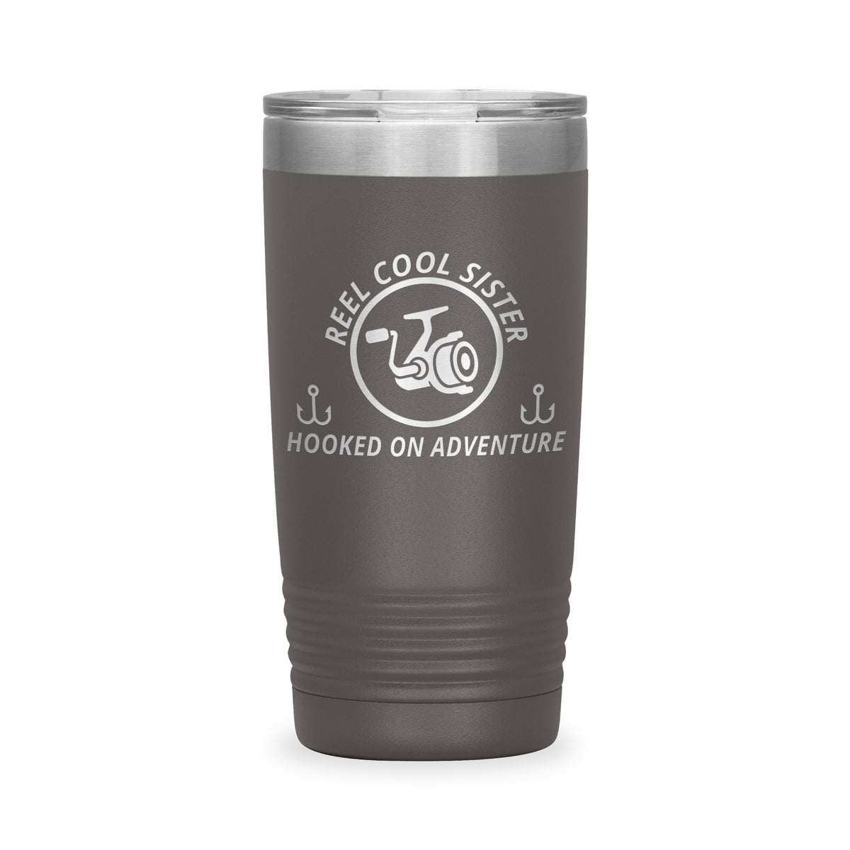 Reel Cool Sister - Polar Camel 20oz engraved tumbler, front view, Pewter