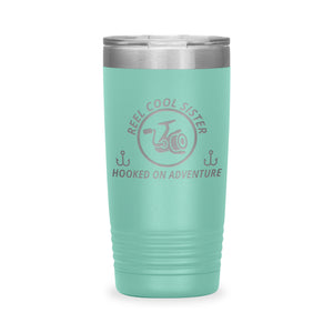 Reel Cool Sister - Polar Camel 20oz engraved tumbler, front view, Teal