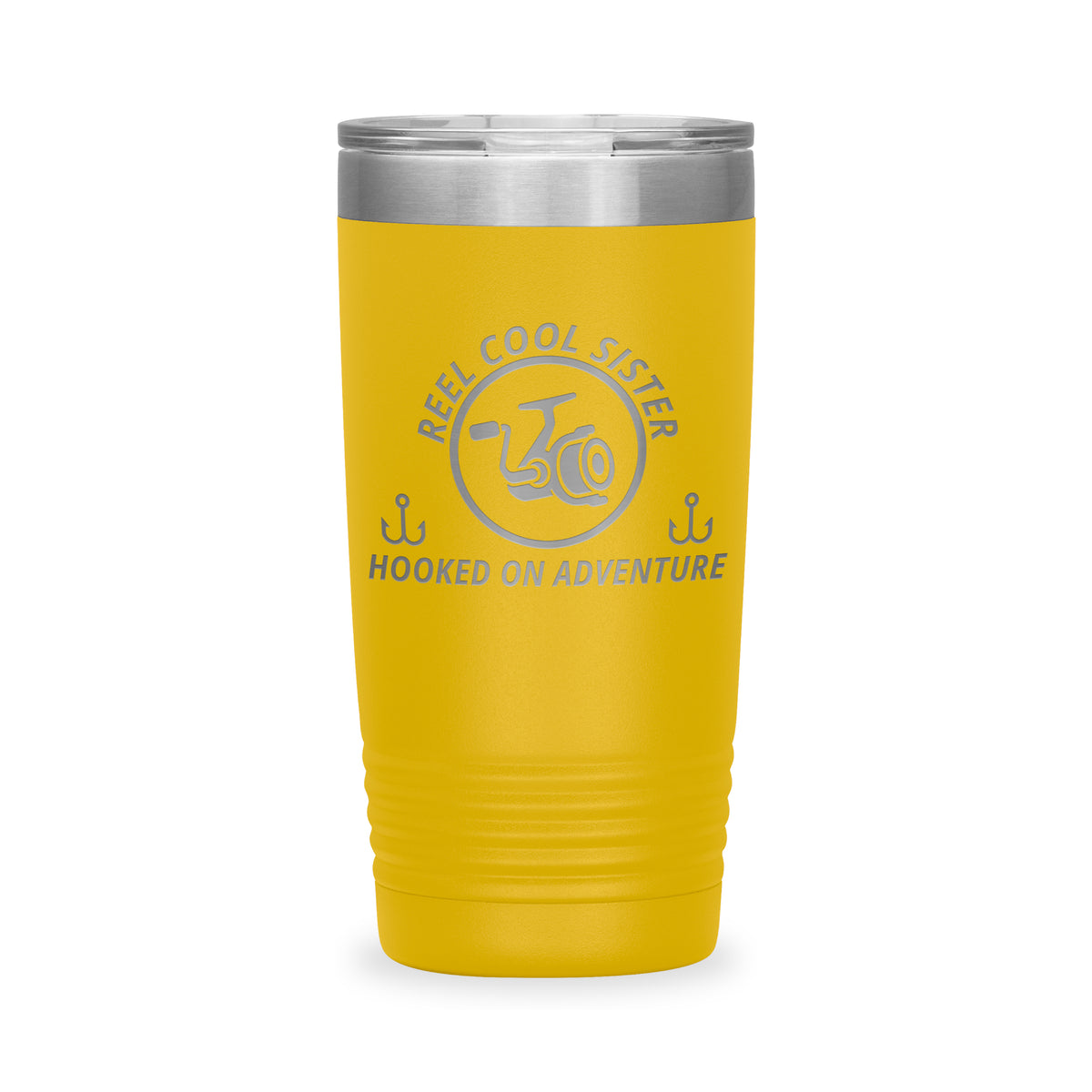 Reel Cool Sister - Polar Camel 20oz engraved tumbler, front view, Yellow