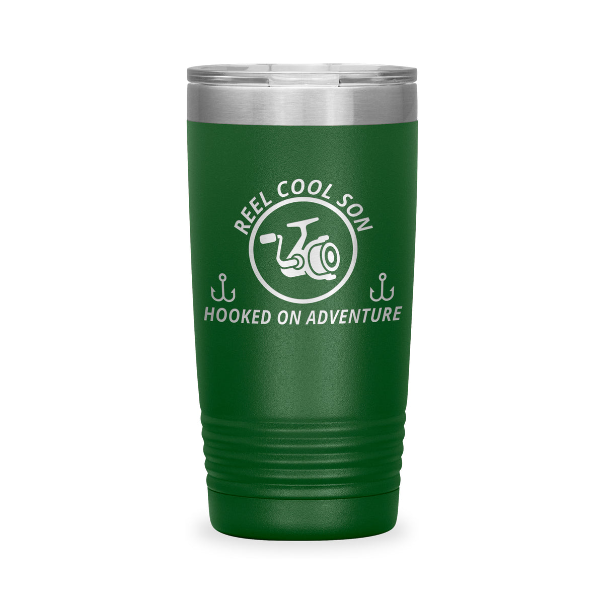 Reel Cool Son - Polar Camel 20oz engraved tumbler, front view, Green