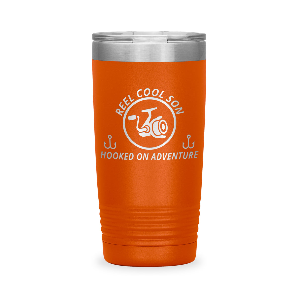 Reel Cool Son - Polar Camel 20oz engraved tumbler, front view, Orange