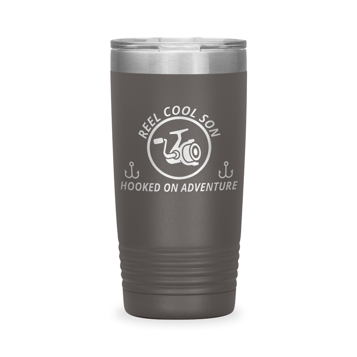 Reel Cool Son - Polar Camel 20oz engraved tumbler, front view, Pewter