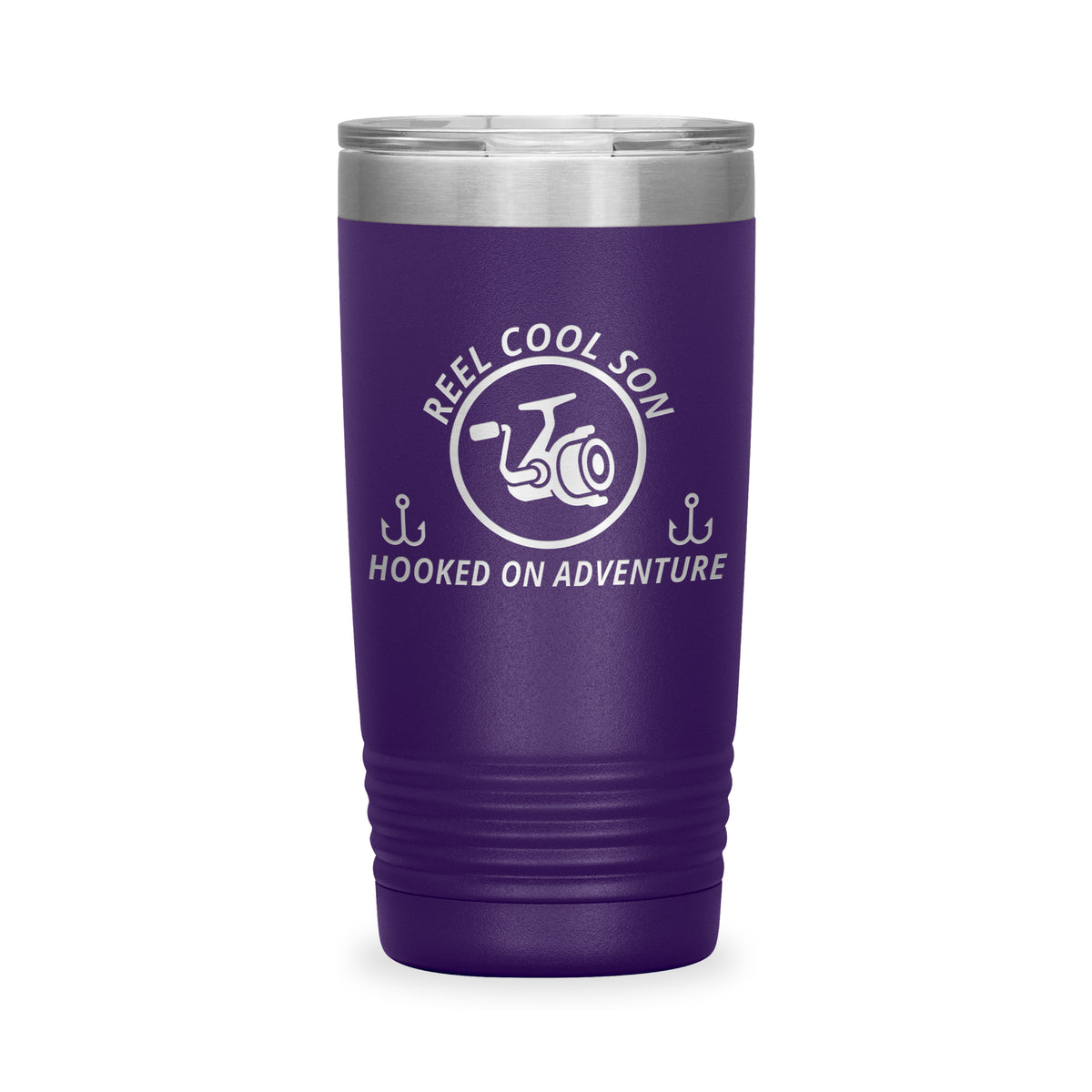 Reel Cool Son - Polar Camel 20oz engraved tumbler, front view, Purple