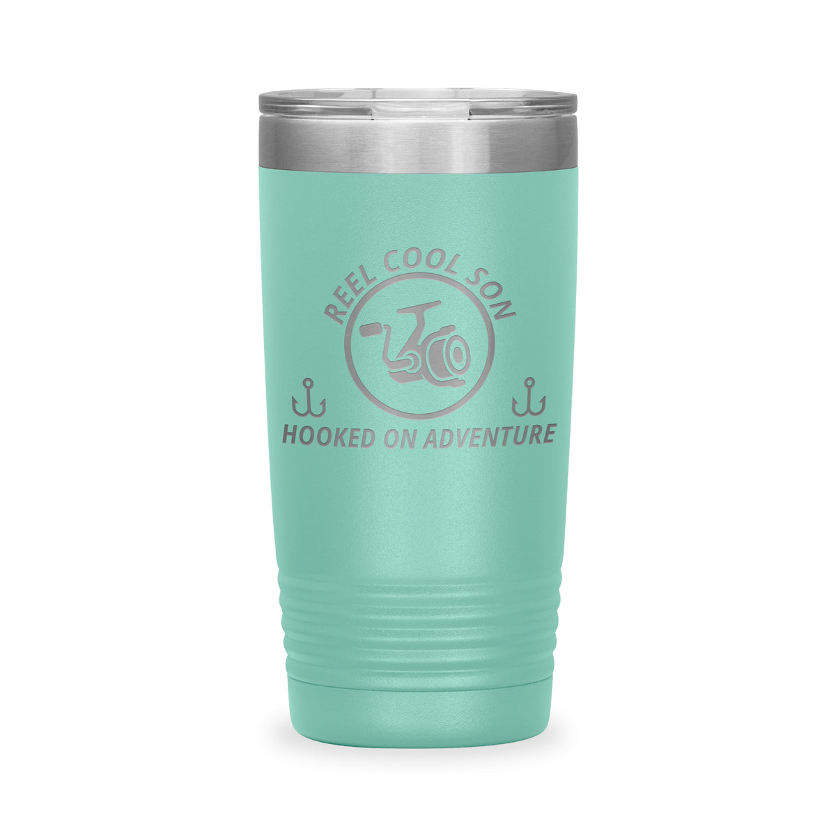 Reel Cool Son - Polar Camel 20oz engraved tumbler, front view, Teal