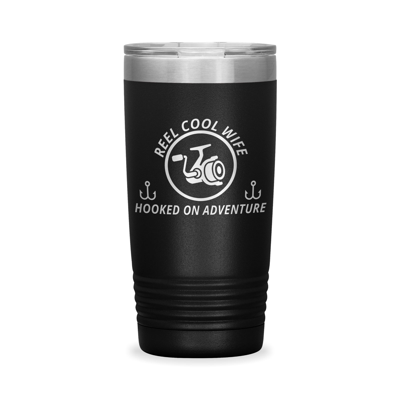 Reel Cool Wife - Polar Camel 20oz engraved tumbler, front view, Black