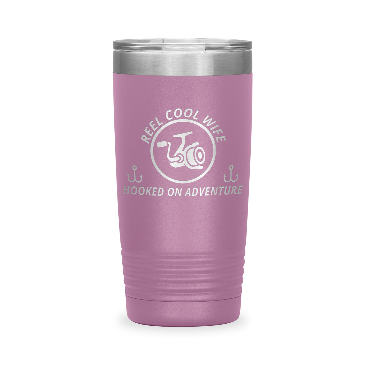 Reel Cool Wife - Polar Camel 20oz engraved tumbler, front view, Light Purple