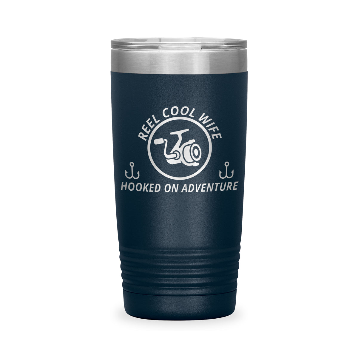 Reel Cool Wife - Polar Camel 20oz engraved tumbler, front view, Navy