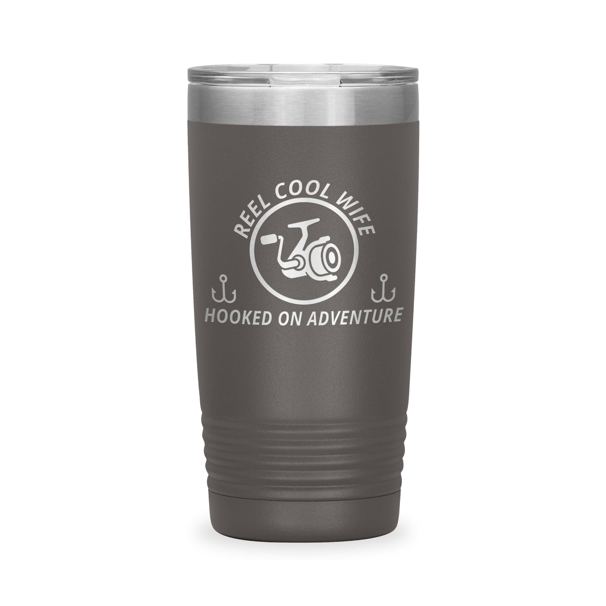 Reel Cool Wife - Polar Camel 20oz engraved tumbler, front view, Pewter