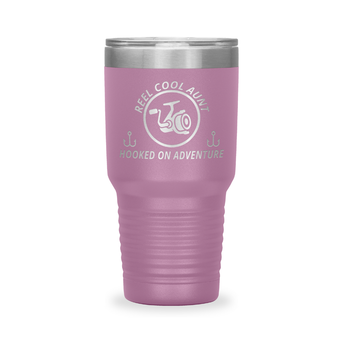 Reel Cool Aunt - Polar Camel 30oz engraved tumbler, front view, Light Purple