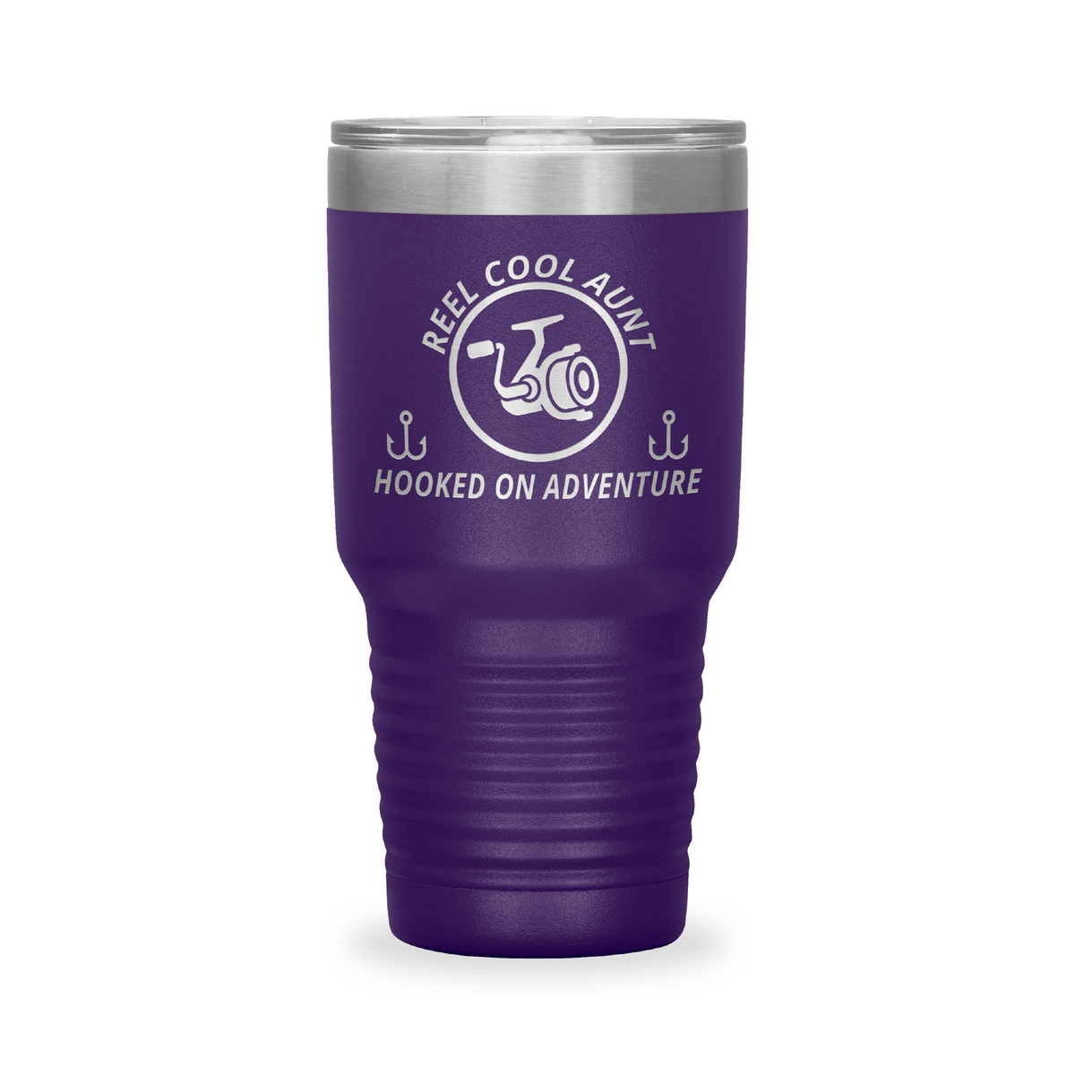 Reel Cool Aunt - Polar Camel 30oz engraved tumbler, front view, Purple