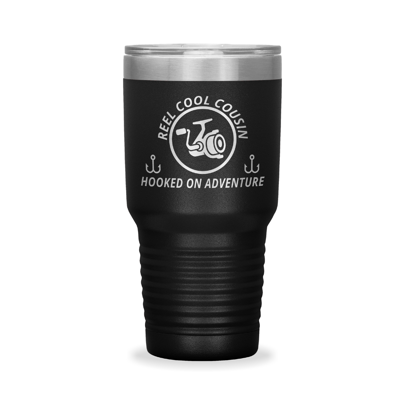 Reel Cool Cousin - Polar Camel 30oz engraved tumbler, front view, Black