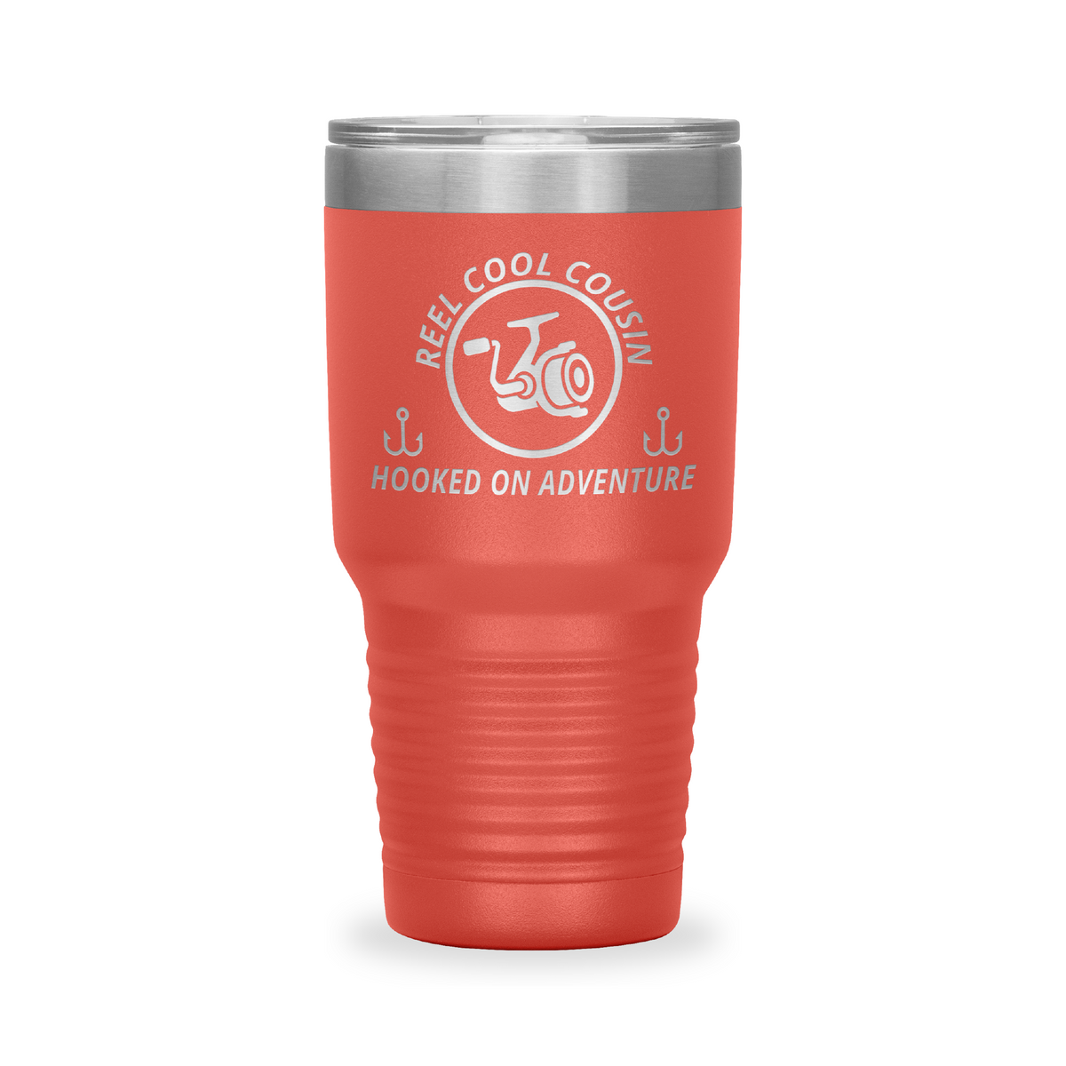 Reel Cool Cousin - Polar Camel 30oz engraved tumbler, front view, Coral