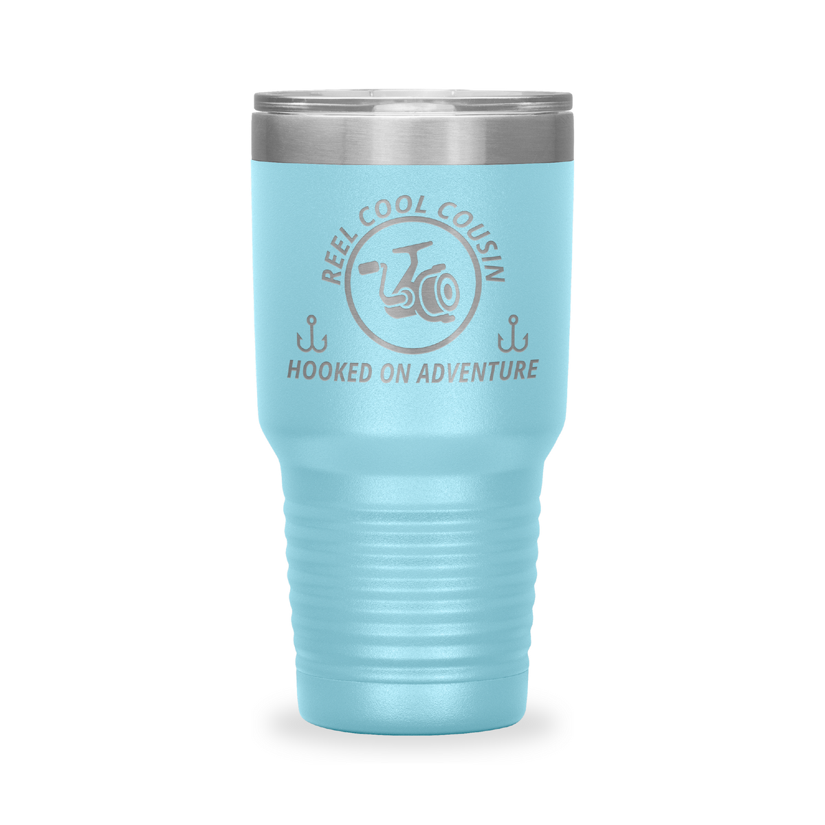 Reel Cool Cousin - Polar Camel 30oz engraved tumbler, front view, Light Blue