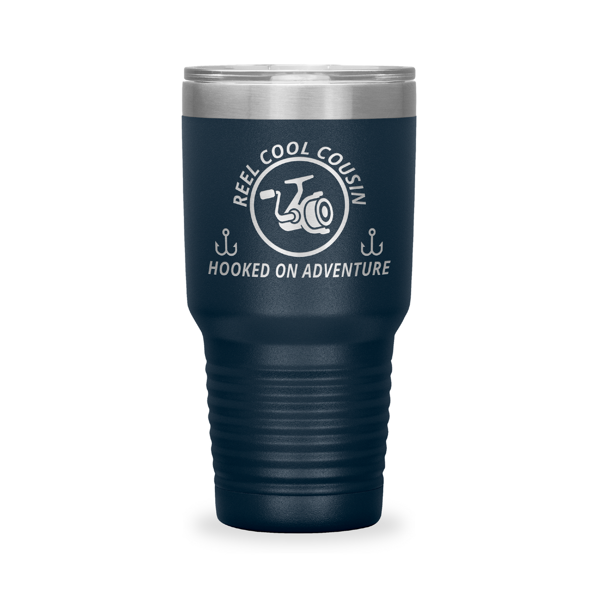 Reel Cool Cousin - Polar Camel 30oz engraved tumbler, front view, Navy