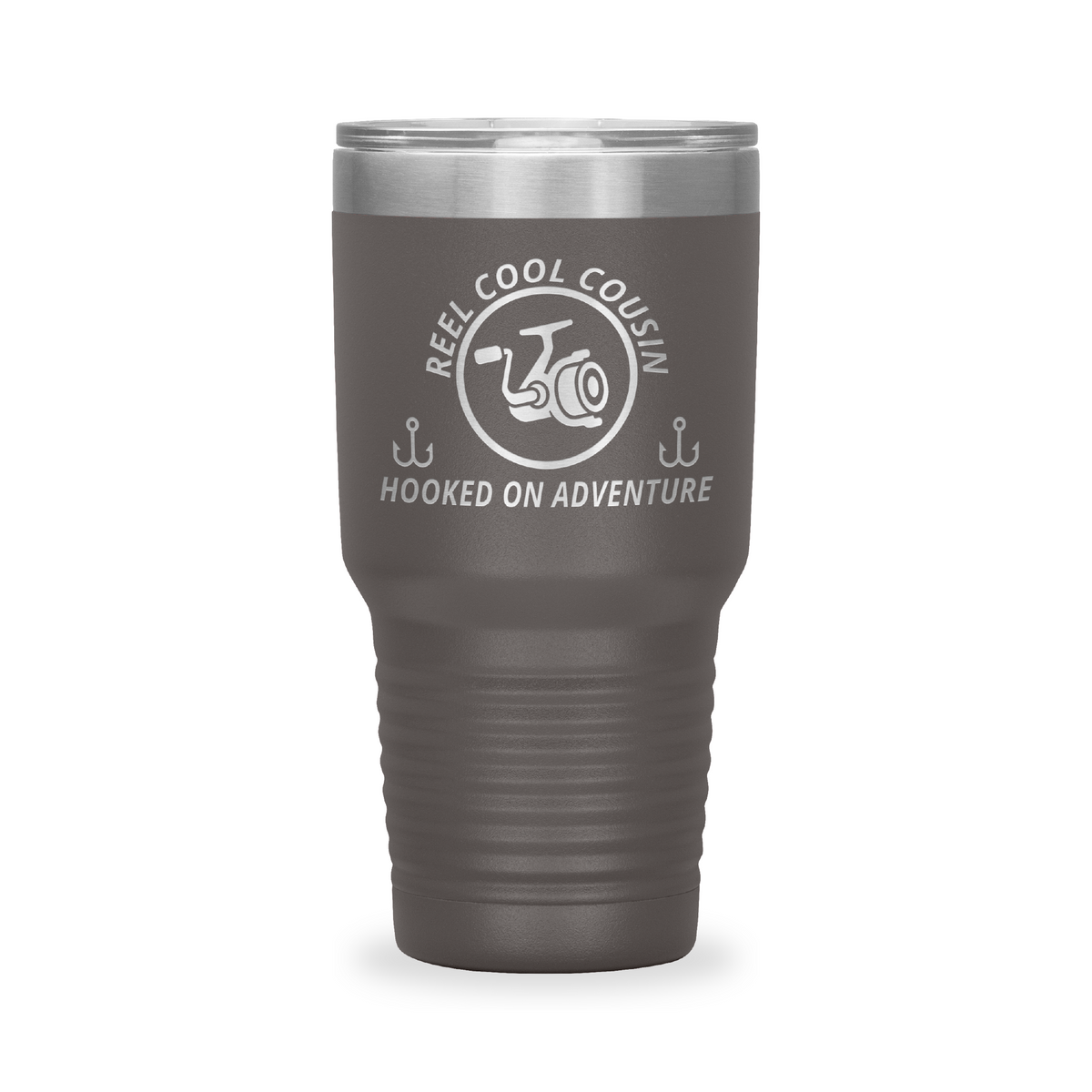 Reel Cool Cousin - Polar Camel 30oz engraved tumbler, front view, Pewter