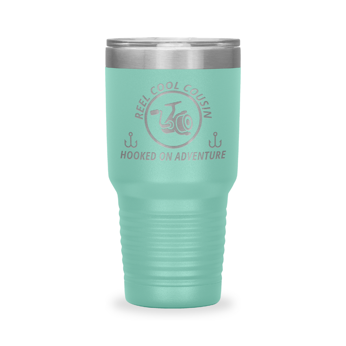 Reel Cool Cousin - Polar Camel 30oz engraved tumbler, front view, Teal
