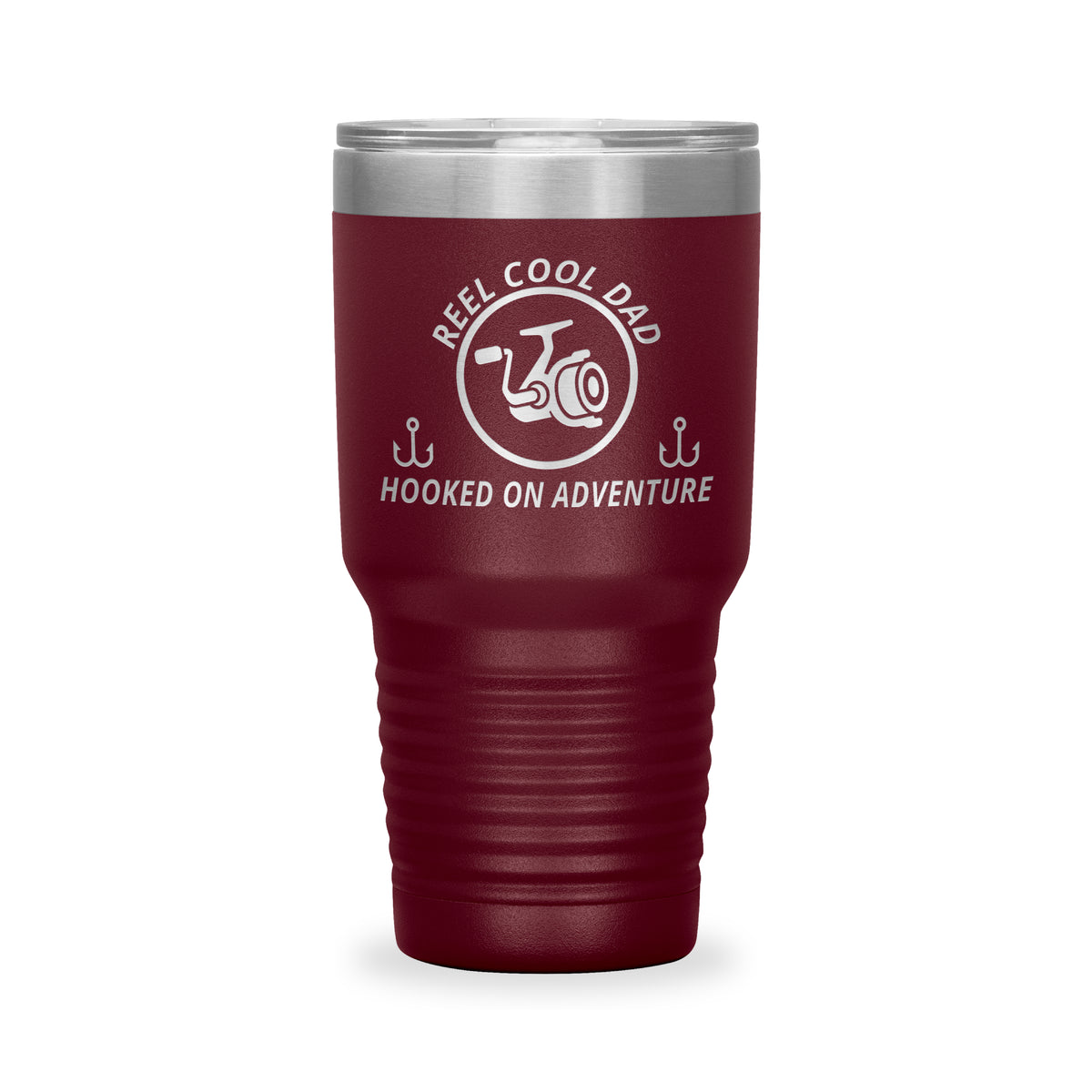 Reel Cool Dad - Polar Camel 30oz engraved tumbler, front view, Maroon