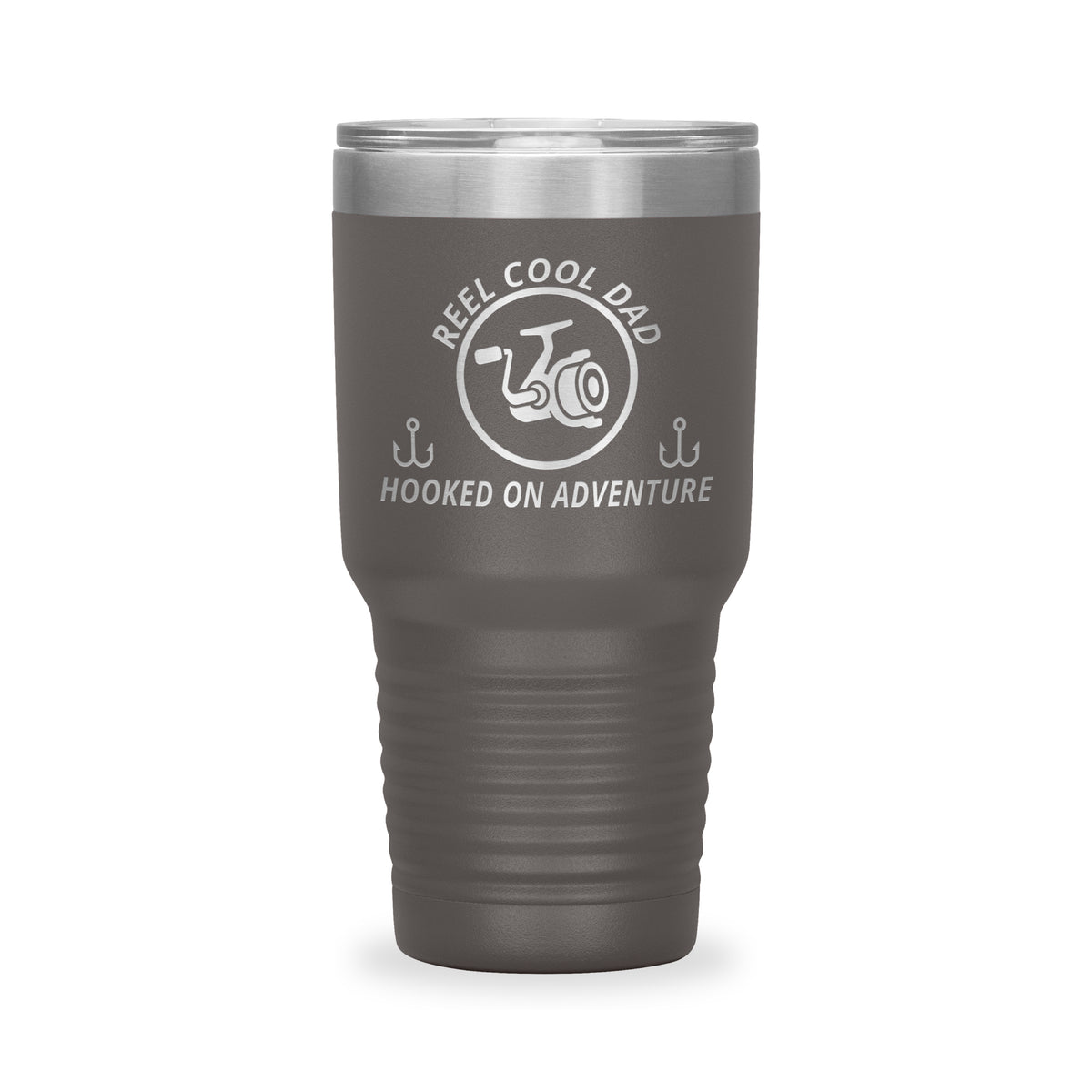 Reel Cool Dad - Polar Camel 30oz engraved tumbler, front view, Pewter