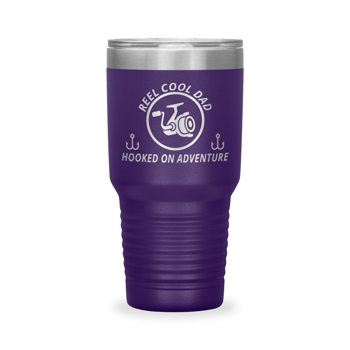 Reel Cool Dad - Polar Camel 30oz engraved tumbler, front view, Purple