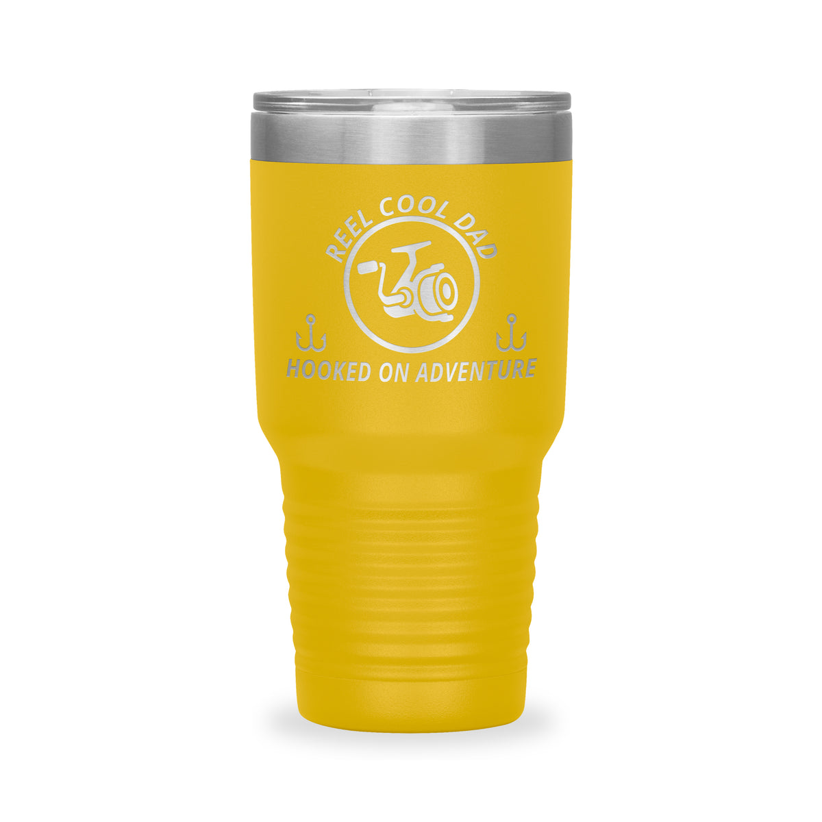 Reel Cool Dad - Polar Camel 30oz engraved tumbler, front view, Yellow
