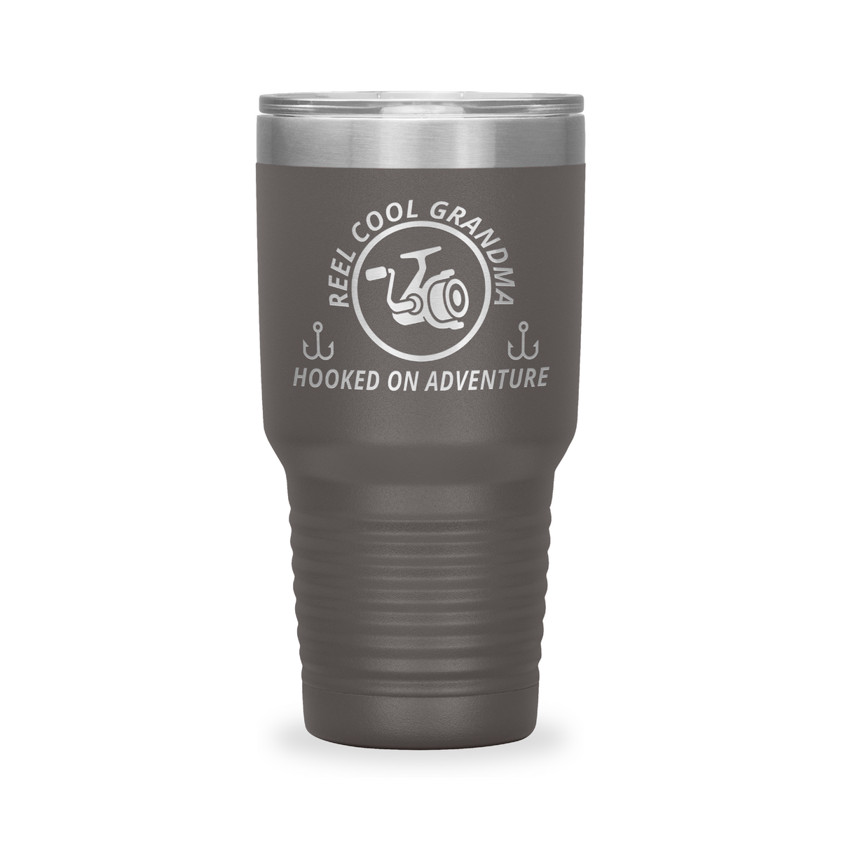 Reel Cool Grandma - Polar Camel 30oz engraved tumbler, front view, Pewter