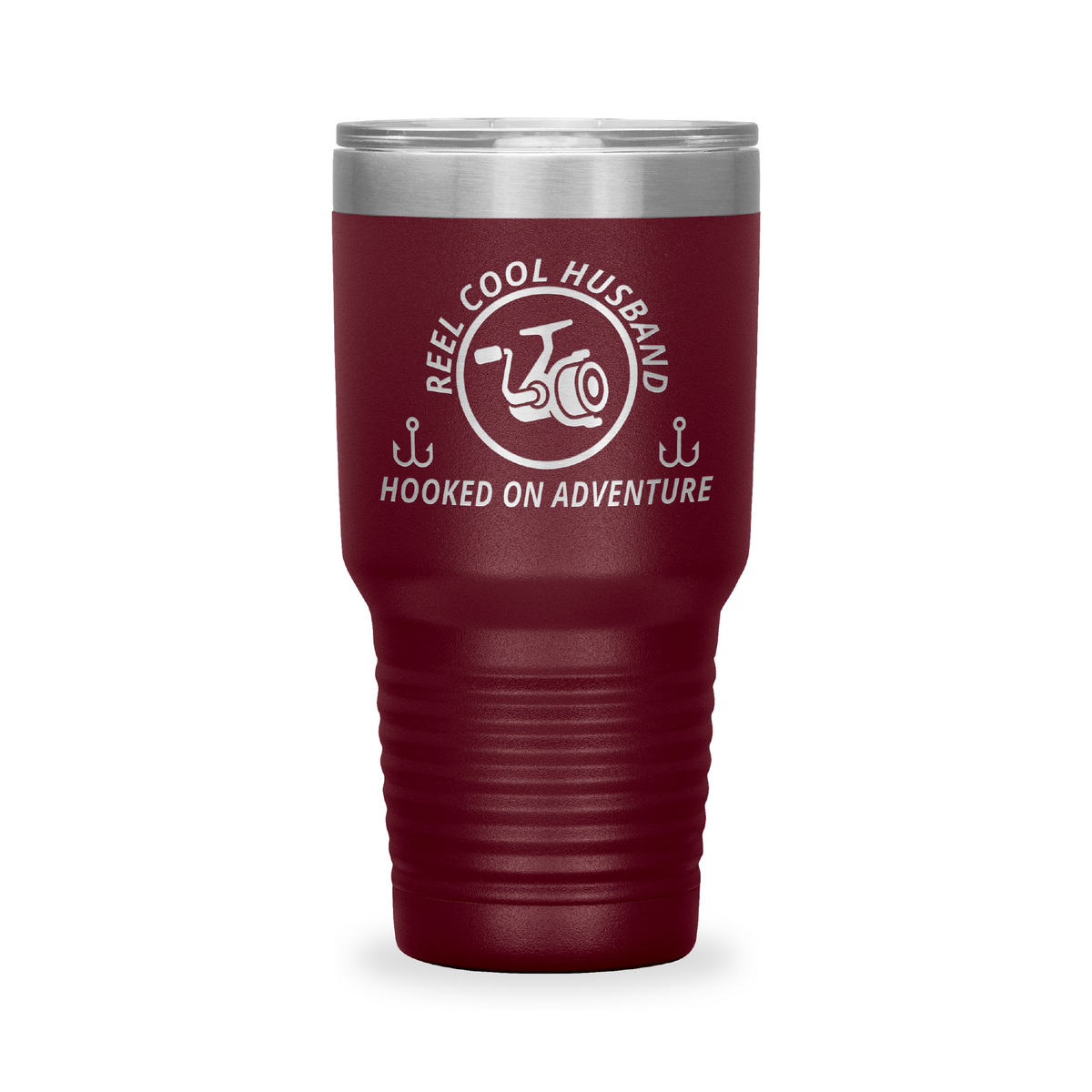 Reel Cool Husband - Polar Camel 30oz engraved tumbler, front view, Maroon