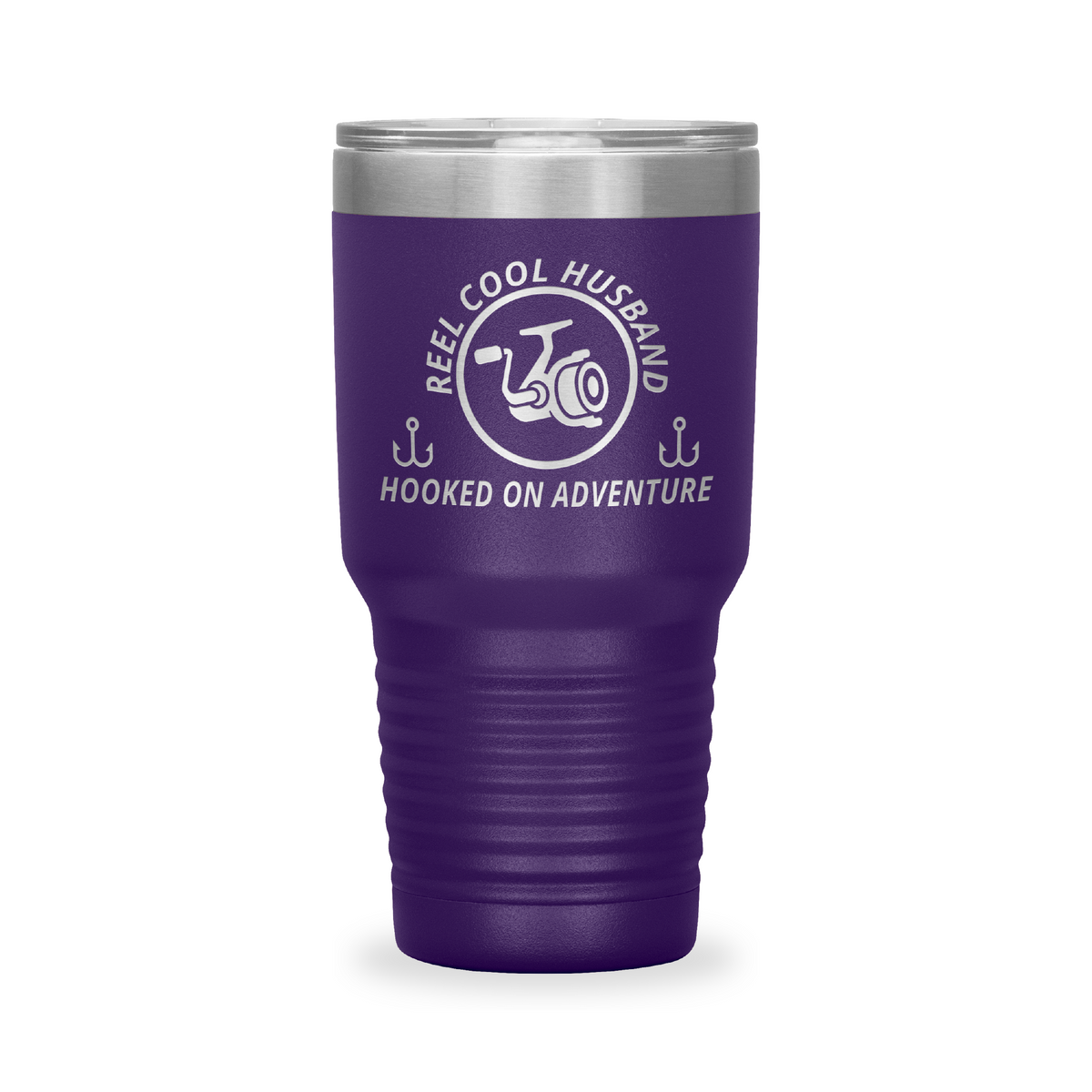 Reel Cool Husband - Polar Camel 30oz engraved tumbler, front view, Purple
