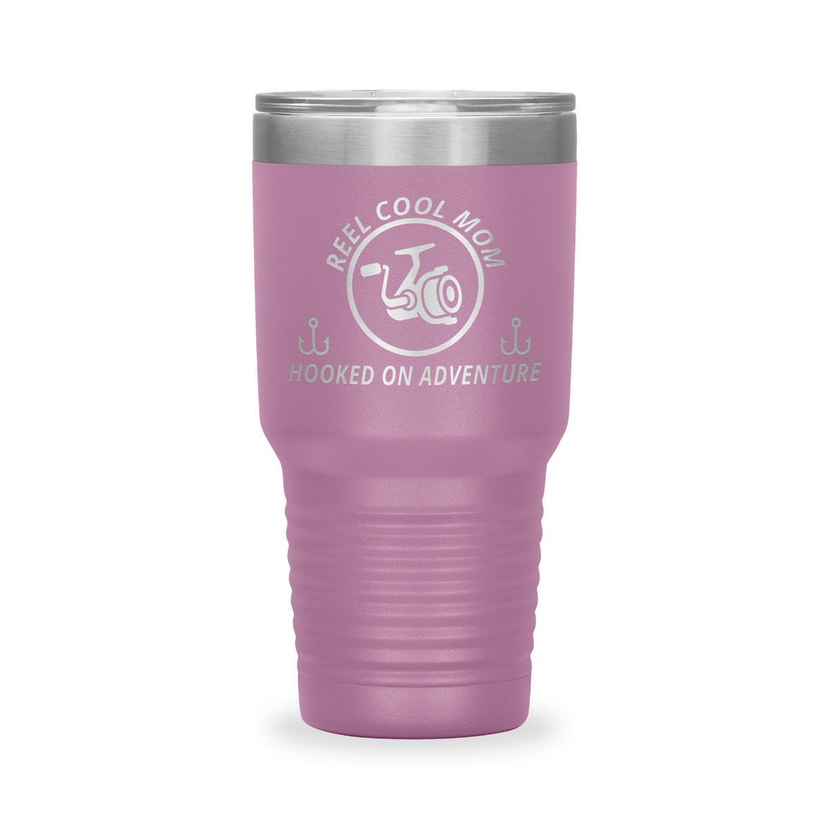 Reel Cool Mom - Polar Camel 30oz engraved tumbler, front view, Light Purple