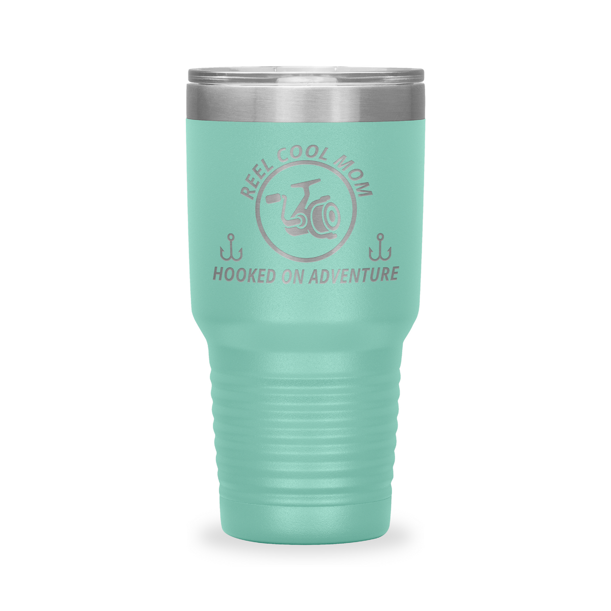 Reel Cool Mom - Polar Camel 30oz engraved tumbler, front view, Teal