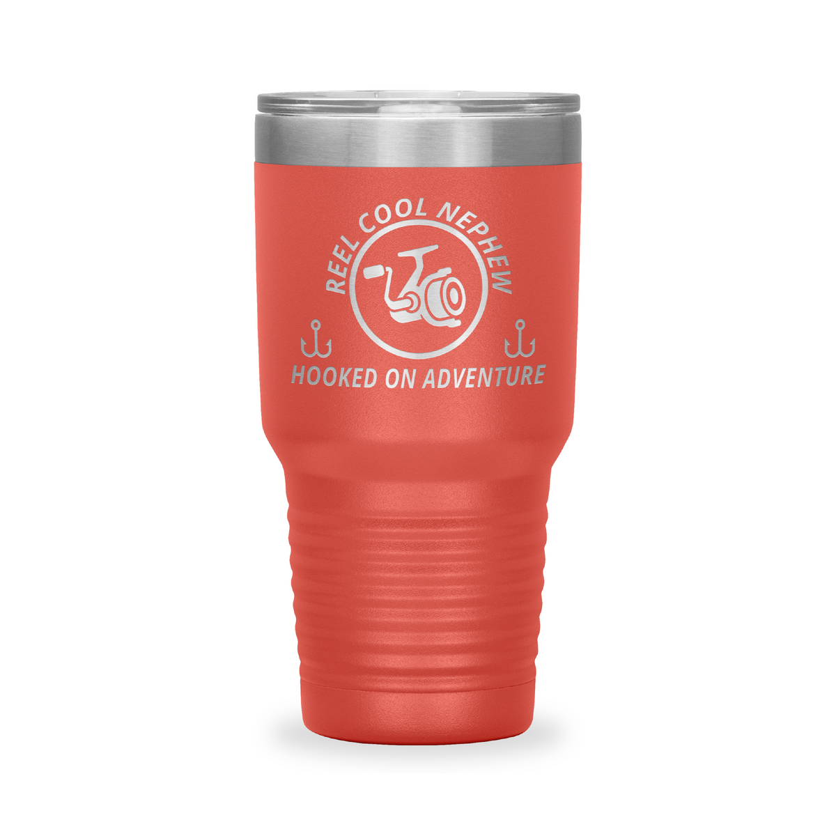 Reel Cool Nephew - Polar Camel 30oz engraved tumbler, front view, Coral