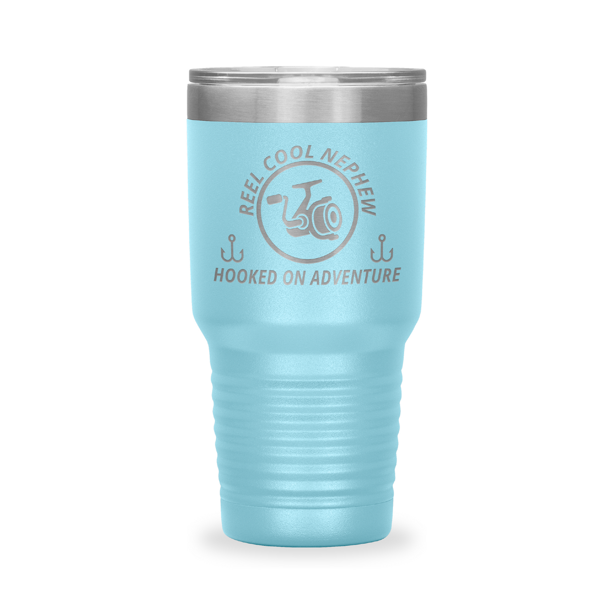 Reel Cool Nephew - Polar Camel 30oz engraved tumbler, front view, Light Blue