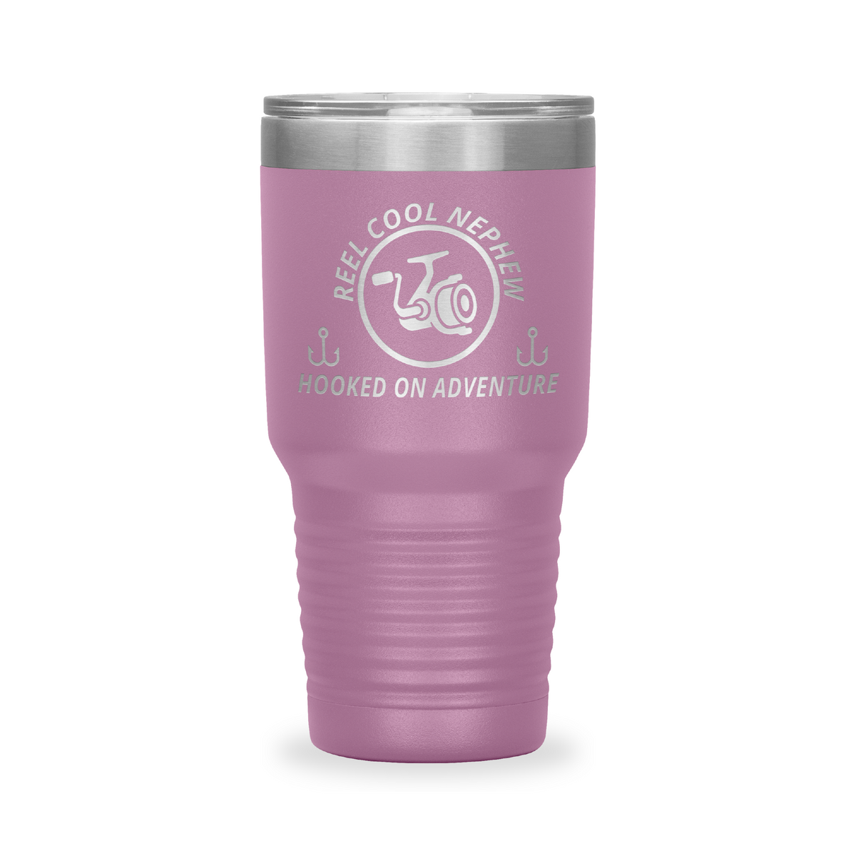 Reel Cool Nephew - Polar Camel 30oz engraved tumbler, front view, Light Purple