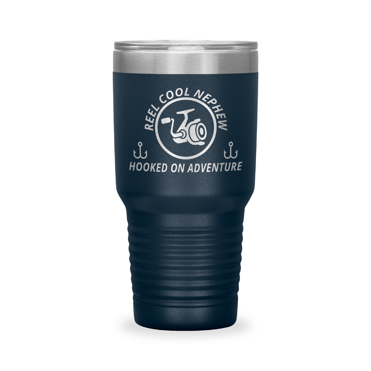 Reel Cool Nephew - Polar Camel 30oz engraved tumbler, front view, Navy