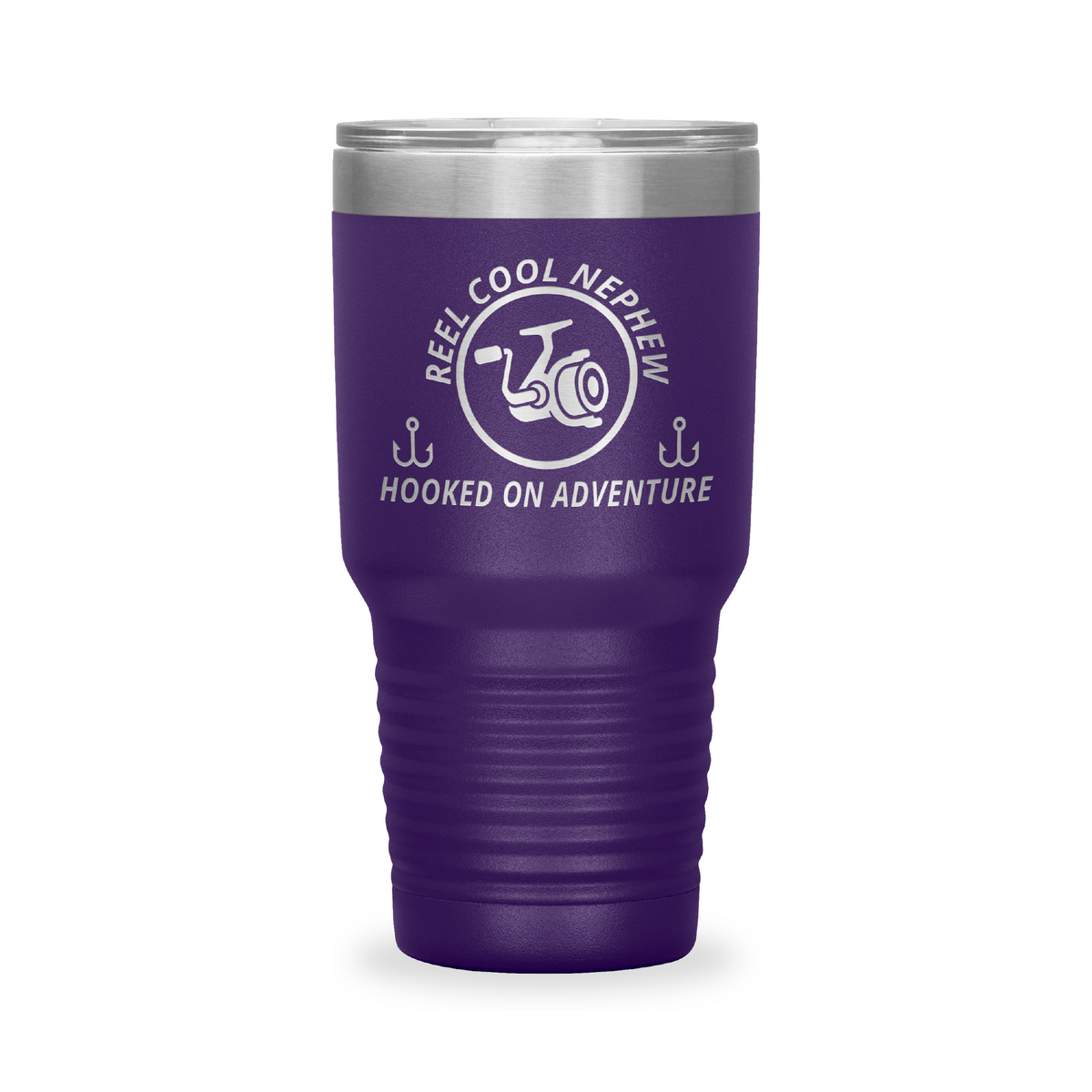 Reel Cool Nephew - Polar Camel 30oz engraved tumbler, front view, Purple