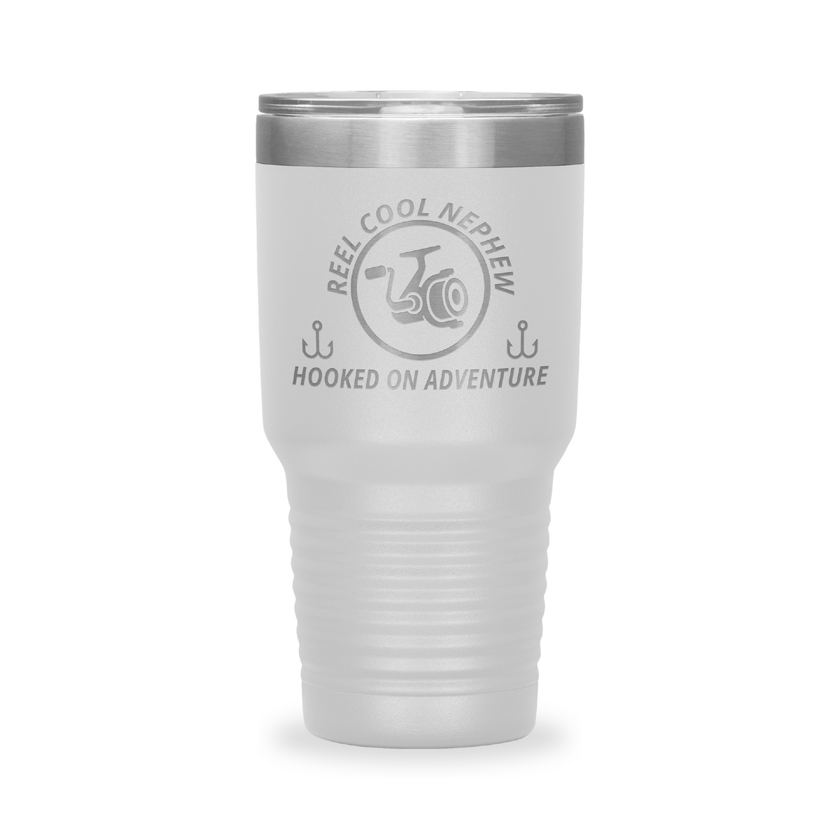 Reel Cool Nephew - Polar Camel 30oz engraved tumbler, front view, White