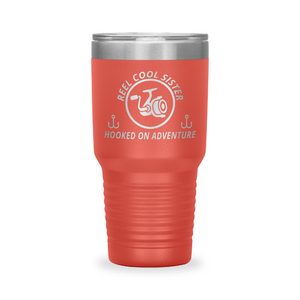 Reel Cool Sister - Polar Camel 30oz engraved tumbler, front view, Coral