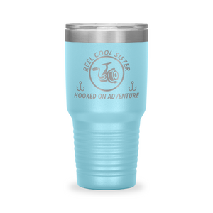 Reel Cool Sister - Polar Camel 30oz engraved tumbler, front view, Light Blue