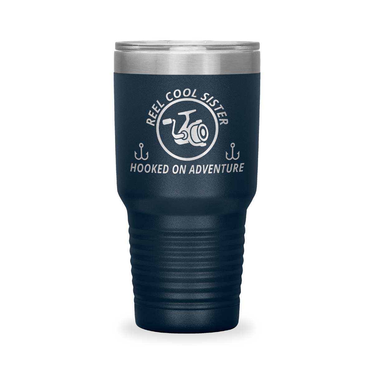 Reel Cool Sister - Polar Camel 30oz engraved tumbler, front view, Navy