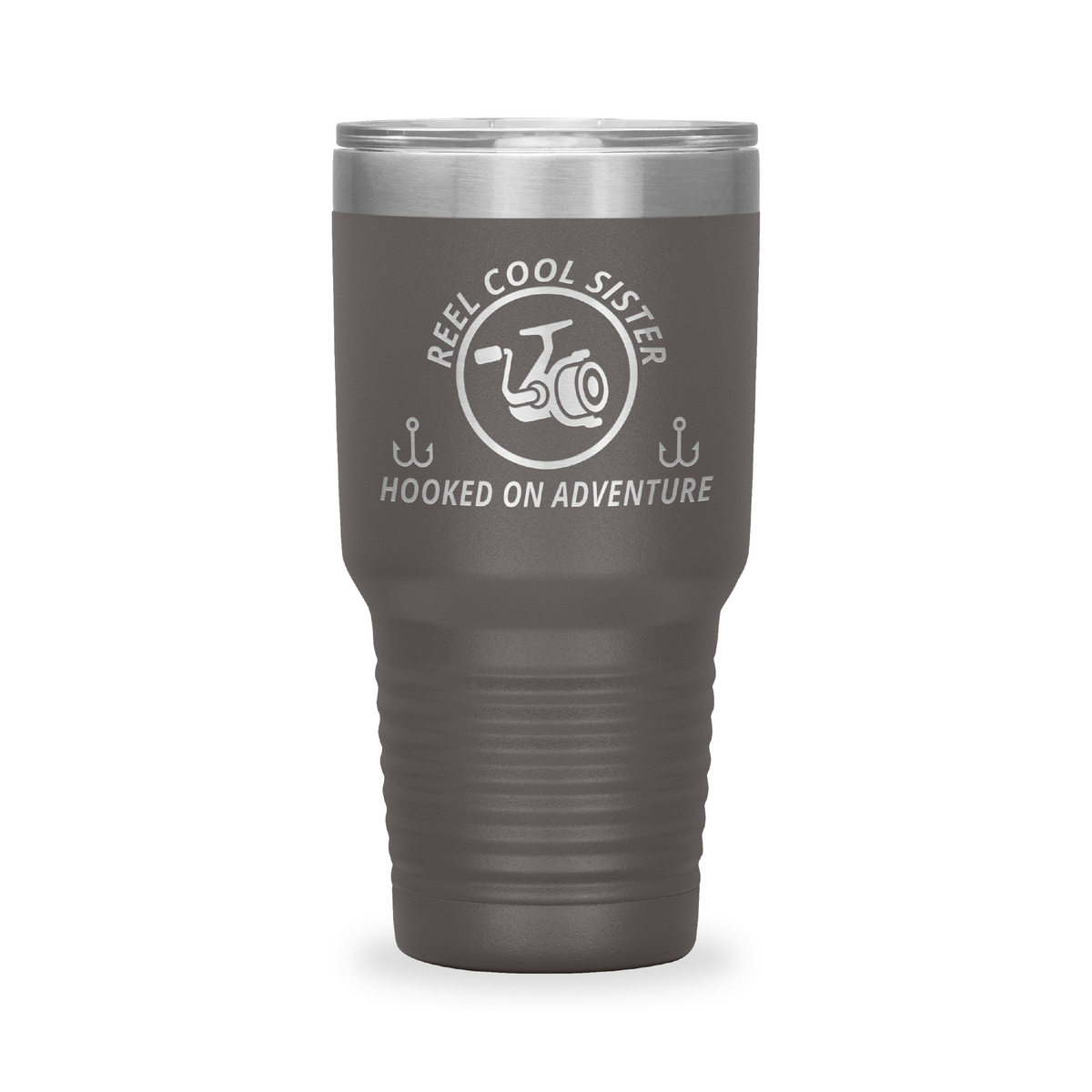 Reel Cool Sister - Polar Camel 30oz engraved tumbler, front view, Pewter