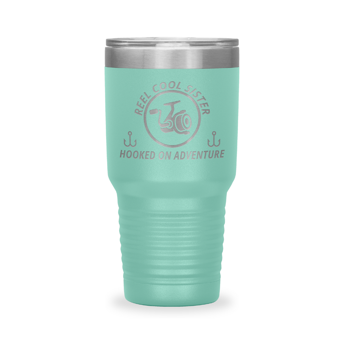Reel Cool Sister - Polar Camel 30oz engraved tumbler, front view, Teal