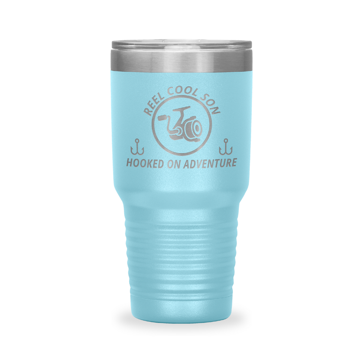 Reel Cool Son - Polar Camel 30oz engraved tumbler, front view, Light Blue