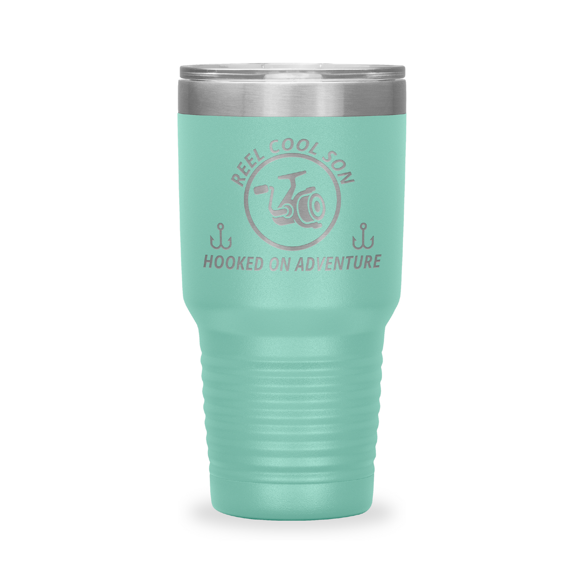 Reel Cool Son - Polar Camel 30oz engraved tumbler, front view, Teal
