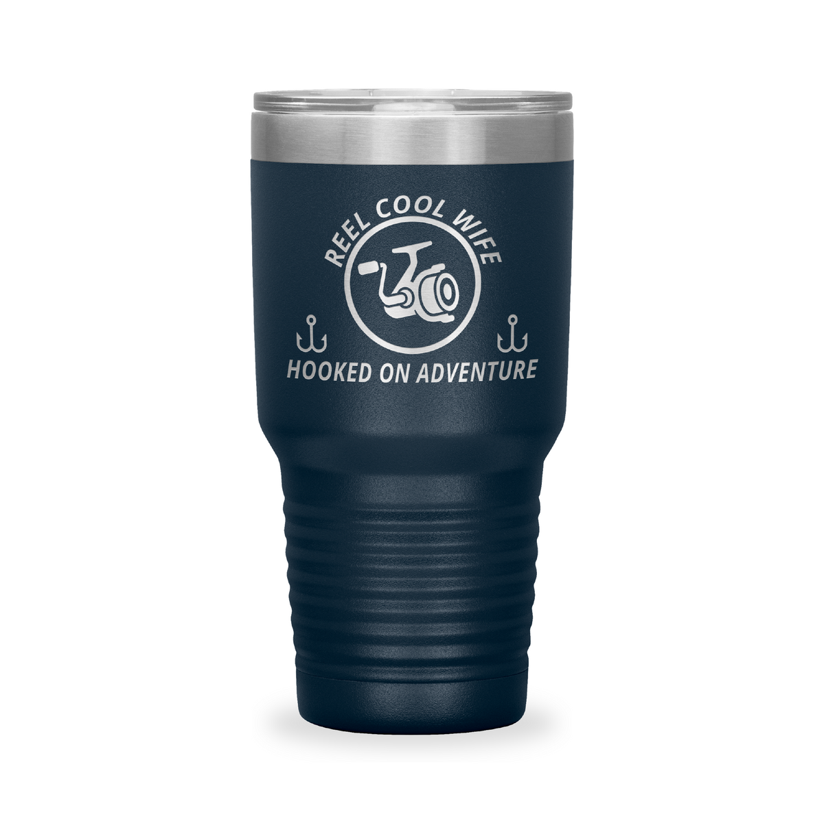 Reel Cool Wife - Polar Camel 30oz engraved tumbler, front view, Navy