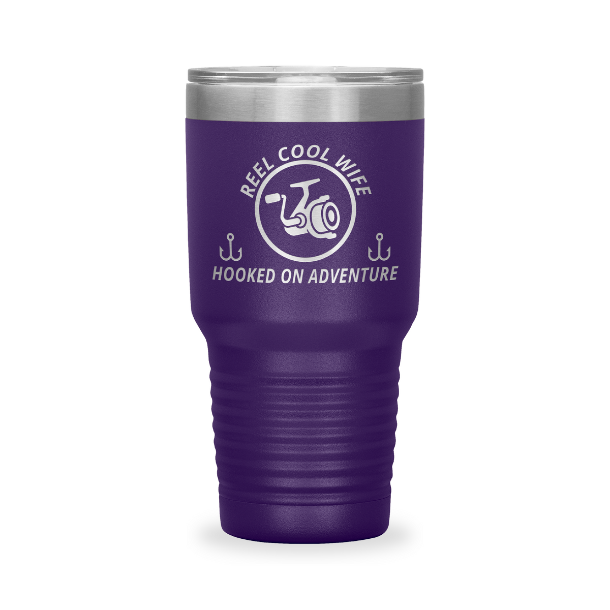 Reel Cool Wife - Polar Camel 30oz engraved tumbler, front view, Purple