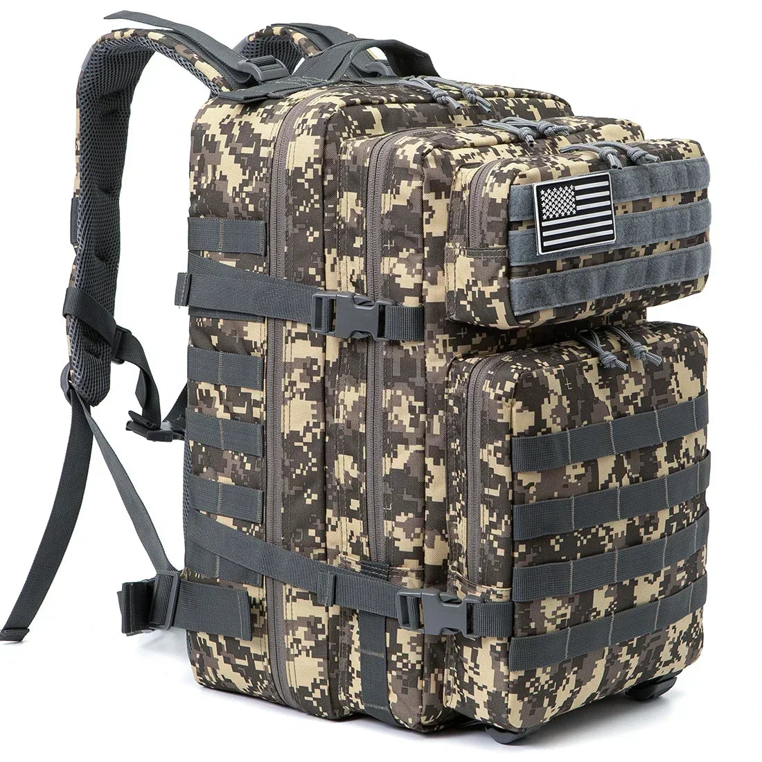 ACU Camo 45L outdoor backpack with MOLLE-style gear storage, front pockets, compression straps, and removable flag patch.