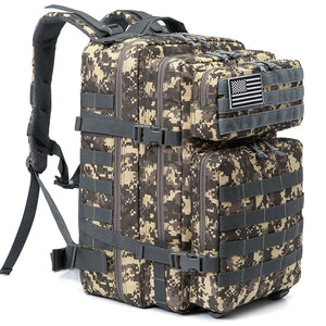 ACU Camo 45L outdoor backpack with MOLLE-style gear storage, front pockets, compression straps, and removable flag patch.