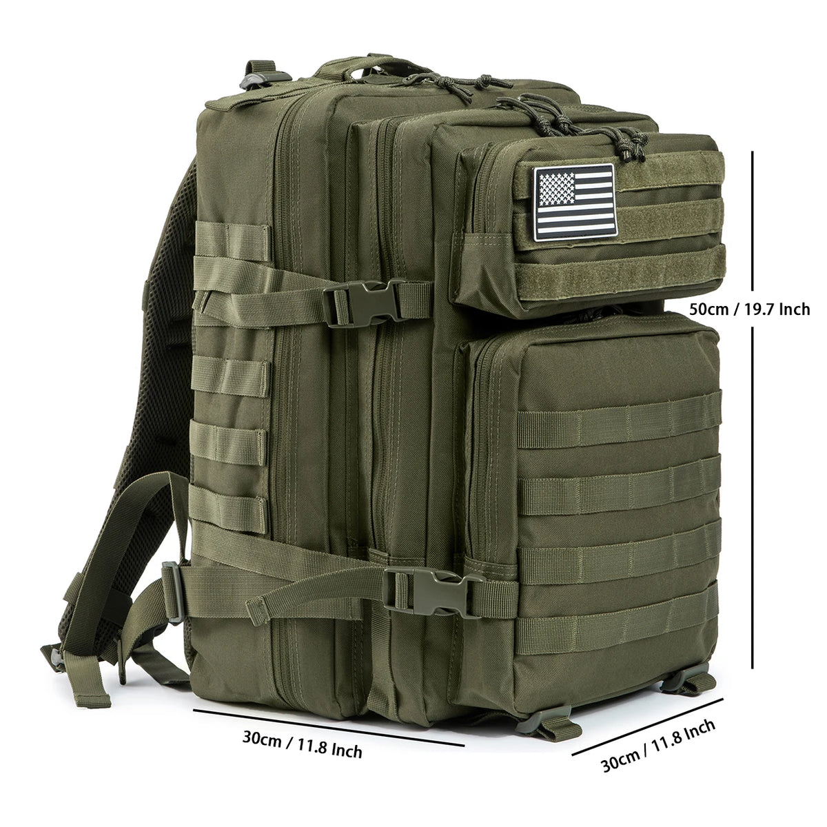 Army Green 45L outdoor backpack dimension guide showing approximate size of 50 by 30 by 30 centimeters.