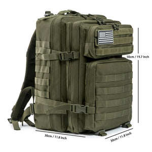 Army Green 45L outdoor backpack dimension guide showing approximate size of 50 by 30 by 30 centimeters.